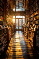 bookstore interior with rows of books and soft lighting, created with generative ai
