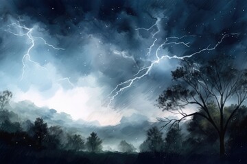 watercolor painting of stormy night sky, with flashes of lightning and rolling thunder, created with generative ai