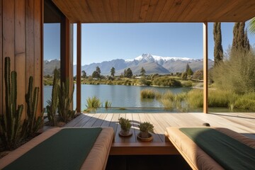 wellness retreat, with view of tranquil lake and mountains in the background, created with generative ai