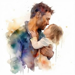 Illustration of a painting of a father and son using colorful watercolors with expressions