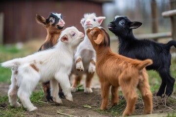 Naklejka na ściany i meble group of tiny goats with their heads in the air, playfully butting each other, created with generative ai