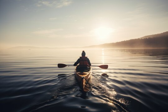 water-sports enthusiast paddling among serene lake scenery, created with generative ai