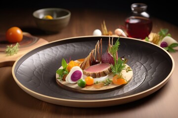 artisanal food presentation with modern and geometric styling of the plate, created with generative ai