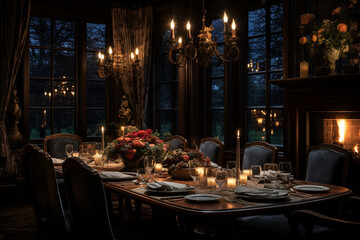 Fototapeta na wymiar dimly Lit Dining Rooms with Candlelight Ambiance for an Intimate Experience Generative AI