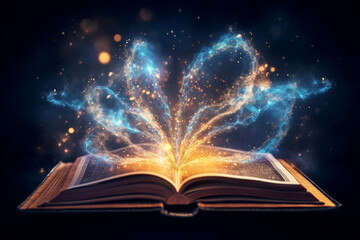 open book with magical energy emitting out of it on a black background created with AI generative tools