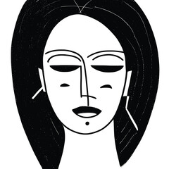 Abstract drawing of a woman's face, primitive, minimalist style, black and white, vector design