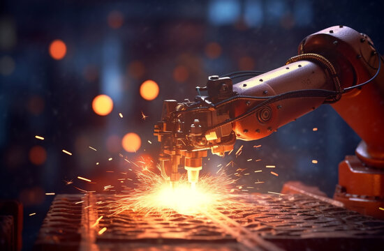 Robotic arm working in dangerous action, foundry industrial site