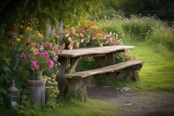 rustic picnic table surrounded by blooming flowers, ideal for a romantic evening, created with generative ai