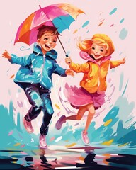 Obraz na płótnie Canvas Kids happily splash in rain with colorful raincoats. (Illustration, Generative AI)