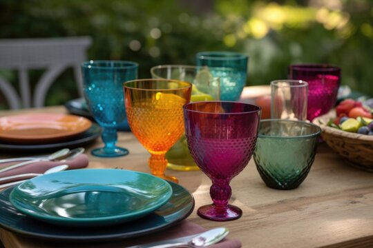 colorful flatware and glassware accentuate the natural beauty of an outdoor table, created with generative ai