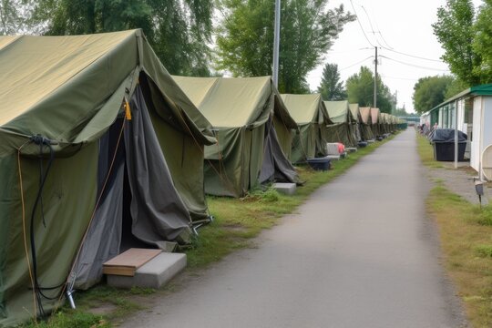 tents in a row, forming part of a military base, created with generative ai