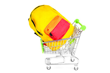 Miniature School Bag in a Tiny Shopping Trolley