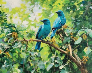 realistic scene of birds perched on tree branches, singing their melodious tunes. oil paints to create a rich texture that brings out the subtle details of their feathers 