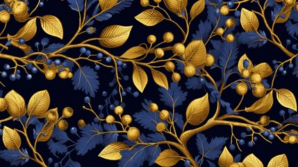 Floral botanical blackberry vines seamless repeating wallpaper pattern- rich gold and royal blue version Generative AI
