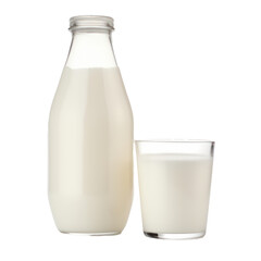 Classic milk bottle and glass isolated on transparent background. Generative AI.