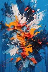 abstract paint splatters on blue backdrop, created with generative ai