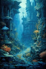 Fototapeta na wymiar blue underwater scene with coral reef, created with generative ai