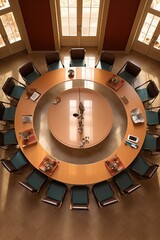 overhead view of a circular table with chairs arranged for a meeting, created with generative ai