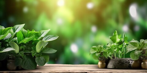 Blurred Green Nature Background with Wooden Table and Copy Space. Product Display. Generative AI illustrations