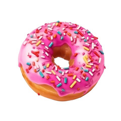 Pink donut with sprinkles isolated on transparent background. Generative AI.