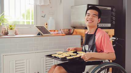 Confidente teenage boy with joy face in cooking class moment in home or school or nursing...
