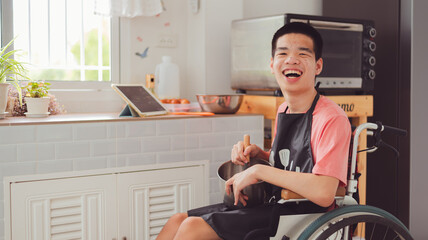 Confidente teenage boy with joy face in cooking class moment in home or school or nursing...