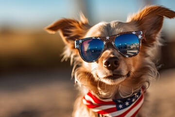 Generative AI illustration of a dog wearing sunglasses and an american flag, happy 4th of July with the United States flag