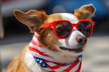 Generative AI illustration of a dog wearing sunglasses and an american flag, happy 4th of July with the United States flag