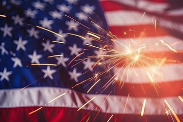 Generative AI illustration of united states of america Flag, usa flag, fireworks and bokeh background. Concept National holidays, Flag Day, Veterans Day, Memorial Day, Independence Day, Patriot Day
