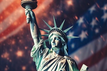 Fototapeta premium Generative AI illustration of Happy 4th of July with the statue of liberty. Close up, background, Fireworks