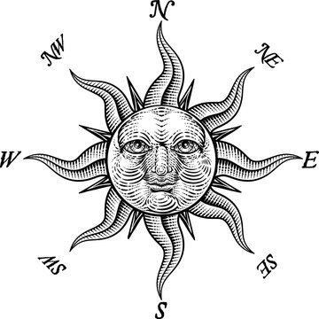 Compass Sun Face Etching Rose Woodcut Drawing