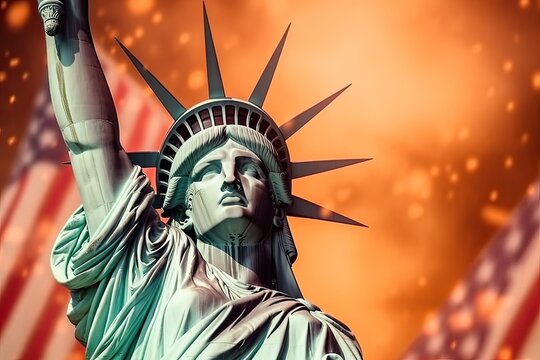 Generative AI illustration of Happy 4th of July with the statue of liberty. Close up, background, Fireworks