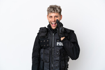 SWAT caucasian man isolated on white background with surprise and shocked facial expression