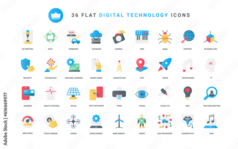 Aufkleber vector illustration set of trendy flat color icons digital technology, internet communication, machi