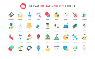 Digital marketing strategy vector trendy flat icons of business vision, internet network advertising with megaphone and viral video, blog analytics, security, and sales funnel.