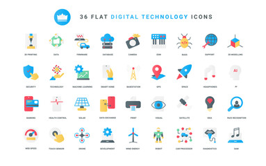 Vector illustration set of trendy flat color icons digital technology, internet communication, machine development, learning, 3d model printing, apps for health control recognition and diagnostics.
