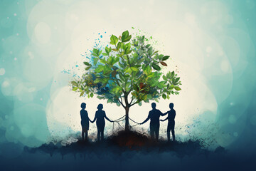 people holding young tree for planting as abstract illustration 