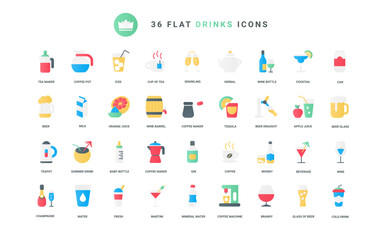 Beverage menu collection with cold fresh water, alcohol cocktails or juice and hot drinks, champagne wine glasses, coffee and tea maker trendy flat icons vector illustration.