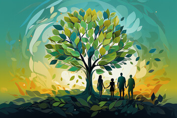 people holding young tree for planting as abstract illustration 