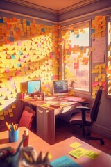sticky notes on wall, checkmarks on tasks, created with generative ai