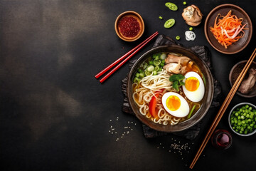 food asian noodle vegetable bowl soup japanese chopstick meal ramen. Generative AI.