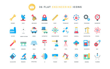 Civil construction, machine assembly, AI smart technology and equipment. Automation in industry, manufacture production and engineering trendy flat icons set vector illustration