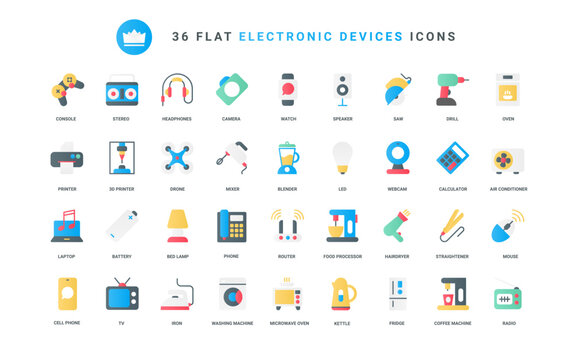 Domestic electric equipment collection with oven microwave kettle blender television fridge hairdryer symbols. Kitchen and household appliances trendy flat icons set vector illustration