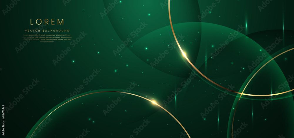 Wall mural abstract gold curved line on dark green background with lighting effect and sparkle with copy space 