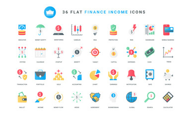 Financial trends and risks, profit charts on dashboard, plan and budget service in bank account mobile app. Finance and economy, money savings trendy flat icons set vector illustration