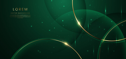 Abstract gold curved line on dark green background with lighting effect and sparkle with copy space for text. Luxury design style. © Pramote