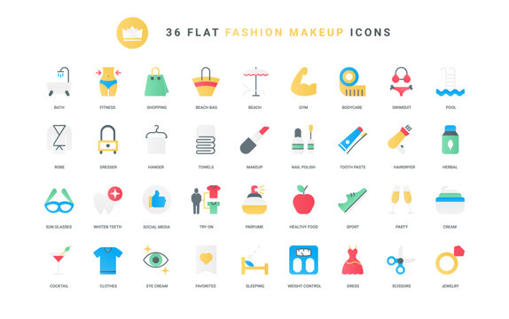 Health and skin care symbols, perfume and makeup in salon, barbershop and casual shopping, weight control with sports. Fashion and beauty, cosmetics trendy flat icons set vector illustration