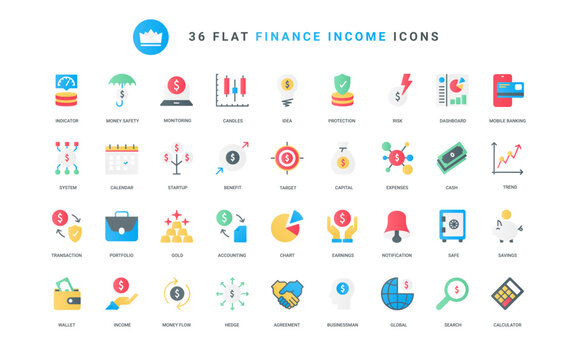 Financial trends and risks, profit charts on dashboard, plan and budget service in bank account mobile app. Finance and economy, money savings trendy flat icons set vector illustration