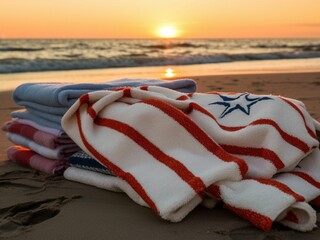 Stacked beach towels, with one showcasing an American flag motif, sit on the sandy shore as the sun sets over the tranquil sea. The scene captures a moment of serene beauty, evoking feelings of calm a
