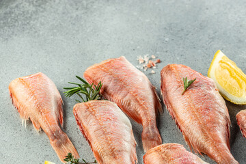 fish, red snapper with lemon, rosemary, salt on a light background. Healthy food concept. place for text, top view